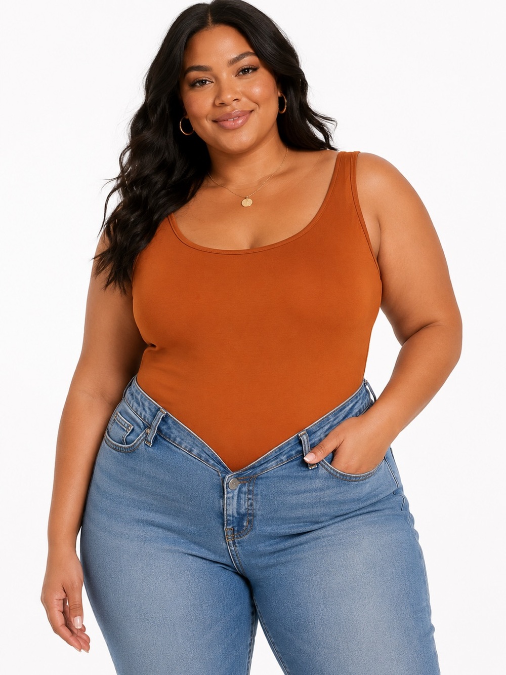 BP. Womens Bodysuit Top Orange Rust Amber Sleeveless Scoop Stretch Plus, Size 1X